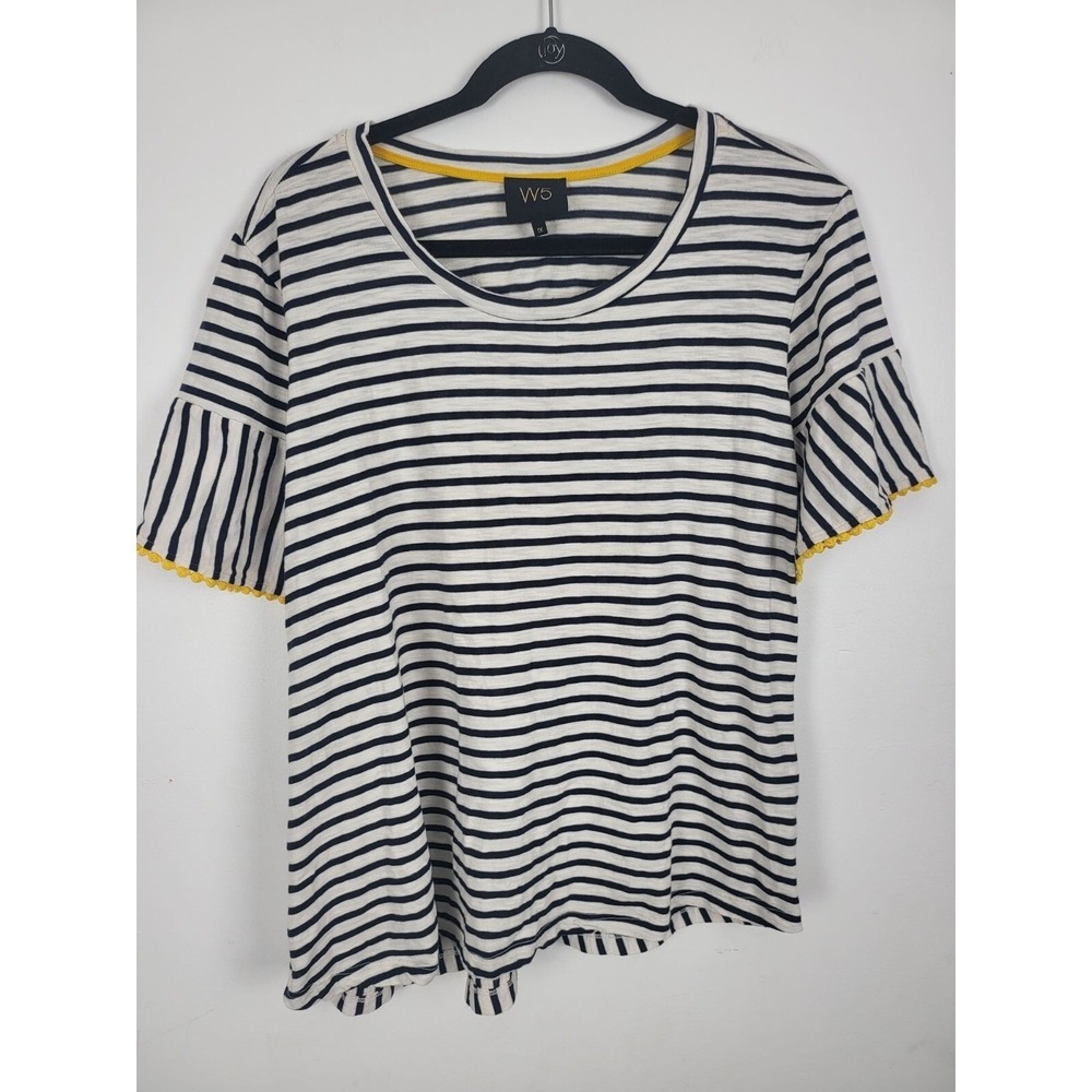W5 White Blue Striped Blouse 1X Womens Plus Size Flared Short Sleeve Crew Neck